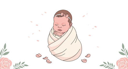 Illustration of a Newborn Baby Swaddled in a Blanket with Floral Decoration