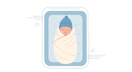 Illustration of a newborn baby swaddled in a crib, concept for childcare or maternity