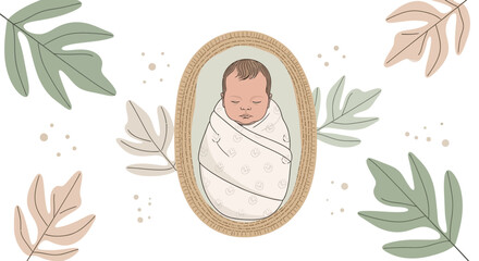 Illustration of a newborn baby swaddled in a blanket with leaves around its frame