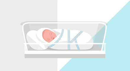 Illustration of a newborn baby swaddled in a hospital bed in a minimalist style