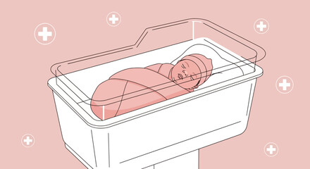 Illustration of a newborn baby swaddled in a hospital bassinet with medical symbols