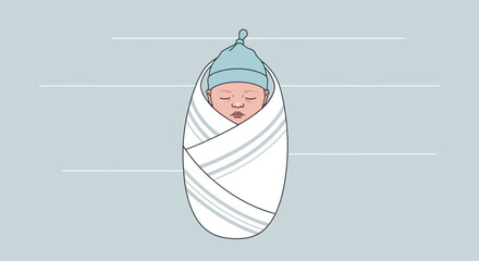 Illustration of a newborn baby swaddled in a blanket, sleeping peacefully, vector art
