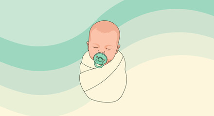 Illustration Of A Newborn Baby Swaddled With A Pacifier, In Pastel Background