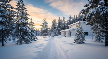 Photo of a snowy winter landscape with a path leading to a cozy house surrounded by snowcovered pine trees