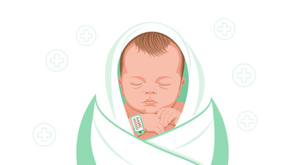 Illustration of a Newborn Baby Wrapped in Swaddling Clothes with a Name Tag