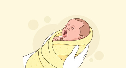 Illustration of a newborn baby yawning in a swaddle held by a person