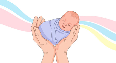 Illustration of a newborn infant being held gently in hands, representing care and protection