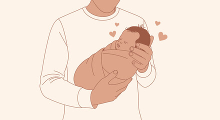Illustration of a Parent Holding a Newborn Baby with Hearts, Displaying Love and Care