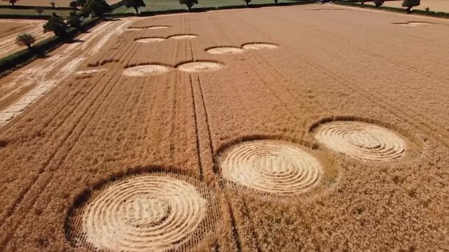 Wheat field crop circles aerial view