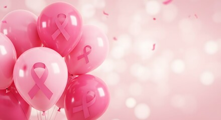 Pink balloons adorned with the pink ribbon symbol, floating gently in the air, evoke a sense of hope and support for breast cancer awareness.