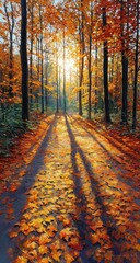 Obraz premium Autumn path bathed in golden sunlight