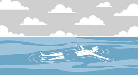 Illustration of a person floating on water with clouds in the sky in a relaxing scene