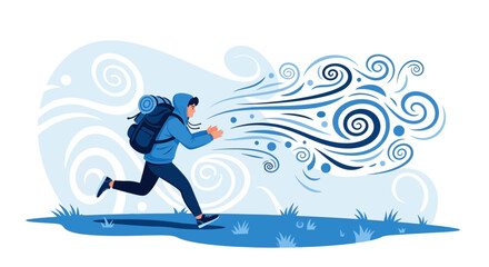 Illustration of a Person Hiking with a Backpack Experiencing Strong Winds and Weather