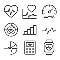 Fototapeta premium Heart Rate Icons. Line style icons of heart rate and performance zones: heart icon with beats, zone 1-5 chart, anaerobic threshold
