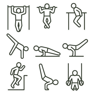 Calisthenics Line Icons. Line style icons of calisthenics and street workout: pull-up on bar icon, muscle-up motion, parallel bar