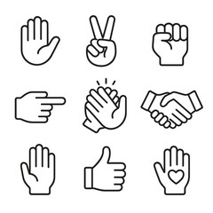 Iconic Hand Gestures. Line style icons of simplified symbolic hands: open palm, peace sign, fist icon, pointing index, clapping