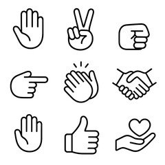 Iconic Hand Gestures. Line style icons of simplified symbolic hands: open palm, peace sign, fist icon, pointing index, clapping