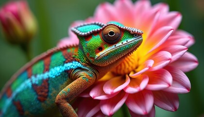Macro photo of vibrant chameleon with colorful scales resting on pink flower. Exotic reptile displays intricate skin patterns, eyes focused, set against soft green background. Tropical wildlife
