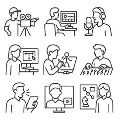 Creative Industry Icons. Line style icons of creative industry roles in multimedia: filmmaker directing, editor at desk, voice