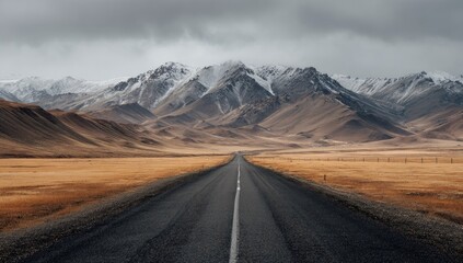 A paved road stretches into a vast, mountainous landscape under a cloudy sky. Brown hills and snow-capped peaks meet the horizon