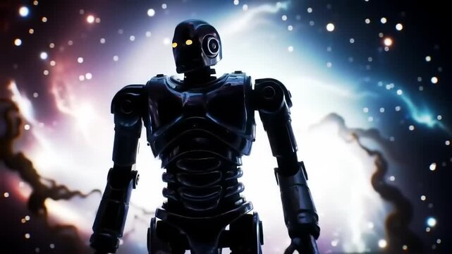 Metallic robot figure in cosmic background
