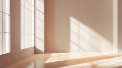 Fototapeta premium Minimal empty room interior with sunlight – bright wall and window shadow concept