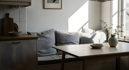 Cozy Kitchen Corner: Sunlight Illuminates Minimalist Design With Serene Comfort
