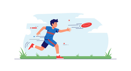 Illustration of a Person Running on a Green Field and Throwing a Frisbee