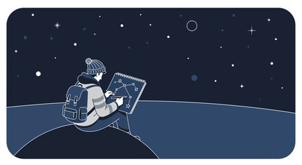 Naklejka premium Illustration of a person sketching constellations on a notebook under a starry night sky