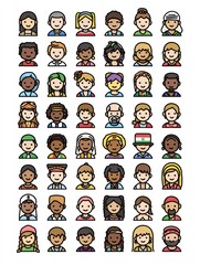 Diverse Group of Illustrated Characters Showcasing Various Cultural Backgrounds and Professions in a Vibrant Grid Layout