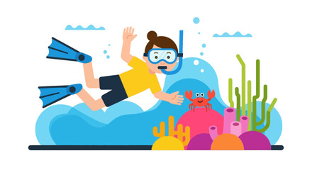 Illustration of a Person Snorkeling Underwater with a Crab and Coral Reef