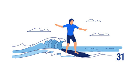 Illustration of a person surfing on a wave with clouds and ocean background.
