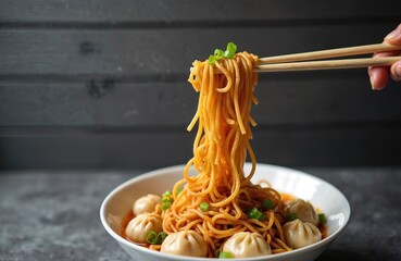 Delicious stir-fried dry wanton noodle dish served in white bowl. Meat dumplings, noodles, garnished with green onions, presented on dark grey wood background. Asian cuisine, perfect for restaurant