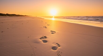 Footprints in the sand at sunset with sun and ocean horizon