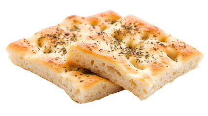 Baked focaccia bread with olive oil and spices on white background 