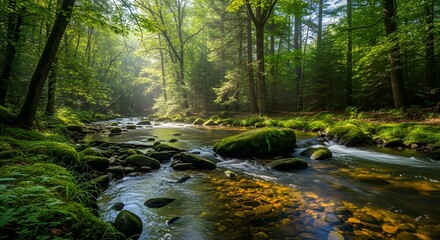 Obraz premium Photo of sunlight filters through a lush green forest, illuminating a flowing stream with mosscovered rocks