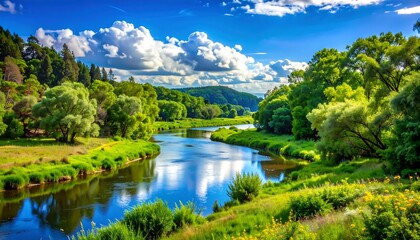Fototapeta premium A serene river winding through lush green landscapes under a vibrant blue sky filled with fluffy white clouds.