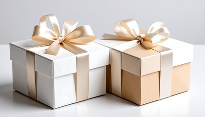 Obraz premium Two elegant gift boxes, one white, one beige, tied with cream ribbons