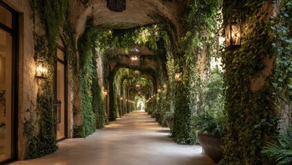 Fototapeta premium A lush, arching walkway covered in greenery