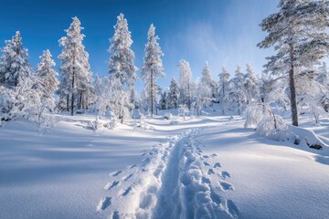 Obraz premium Winter wonderland path through frosted forest