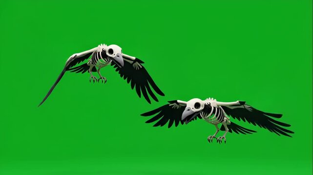 Cartoon Skeleton Ravens Flying Green Screen - Two cartoon skeleton ravens with black wings are shown flying against a bright green chroma key background.
