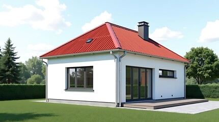 Modern minimalist small white house with a vibrant red tiled roof and large windows on a sunny day surrounded by lush green grass and trees