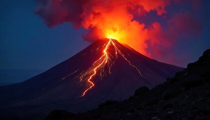 Dramatic eruption of a Hawaiian volcano at night, fiery lava flowing down the slopes, glowing against the dark sky A breathtaking spectacle of nature's raw power , magma, smoke
