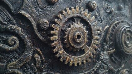 Ornate, dark metal gears and intricate carvings