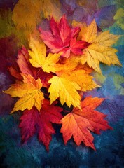 Vibrant autumn leaves arranged on a textured background