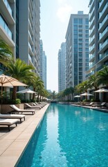 Luxury residential complex featuring long, clear blue swimming pool lined with palm trees, modern lounge chairs. Tall, contemporary buildings flank serene oasis, offering tranquil vacation holiday