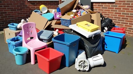 A large pile of discarded household waste and unwanted items including chairs bins and cardboard boxes collected for disposal or recycling