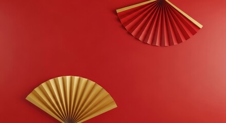 Red and gold origami fans on vibrant red background