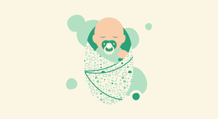 Illustration of a sleeping baby wrapped in a blanket with a pacifier inside