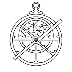 Astrolabe Parts Outline. Outline style icon of Astrolabe Parts: mater plate, rete star map, rule pointer, alidade sight, altitude